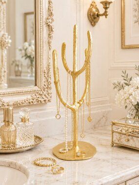 Decorative Cactus-Shaped Hand Forged Gold Jewelry Holder